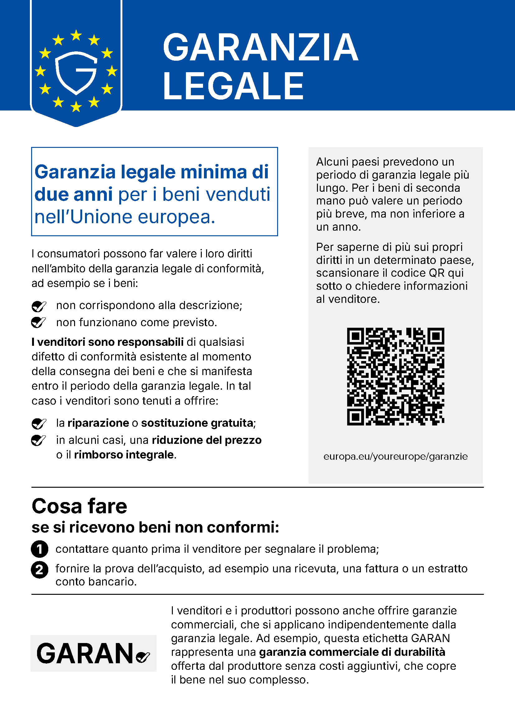 I vostri diritti di garanzia legale: protezione minima di due anni di garanzia legale per i prodotti venduti nell'Unione Europea.