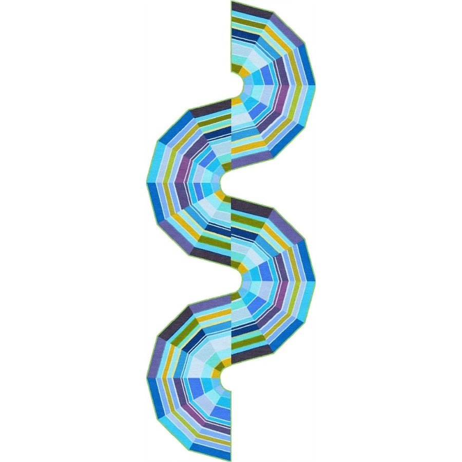 Cuadro de Annika Johansson "Serpiente multicolor" como alfombra hecha a mano en azules y verdes, forma de alfombra única y juguetona.