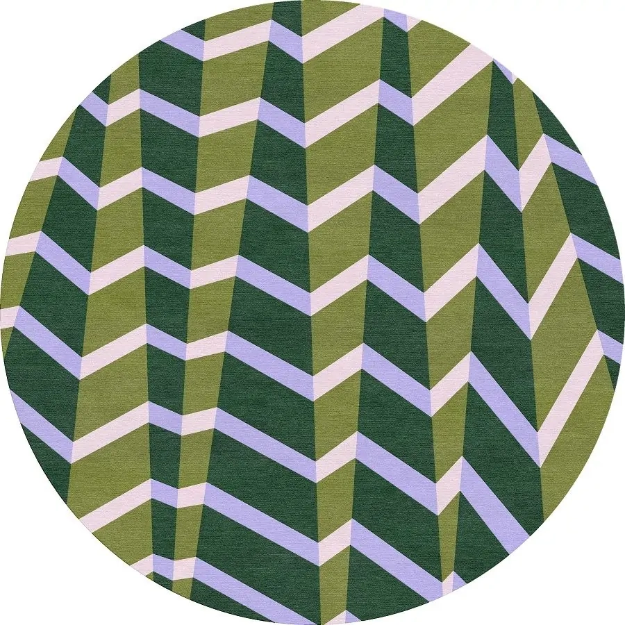 Annika Johanssons Kunstgemälde „Fir“ als handgefertigter Teppich in Grün und Weiß. Runder Teppich mit einzigartigem 3D-Effekt