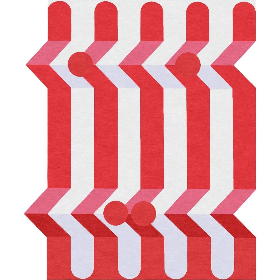 Annika Johanssons Kunstgemälde „Mrs. Cow“ als handgefertigter Teppich in Rot und Weiß. Einzigartige rechteckige Form.