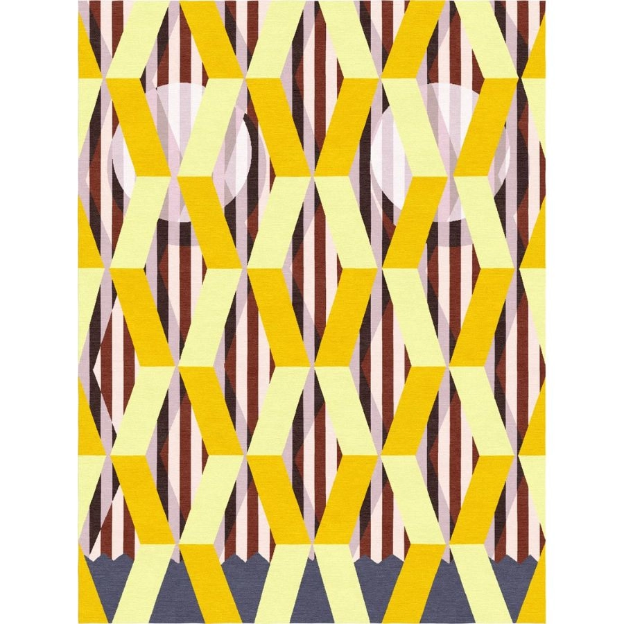 La peinture artistique « Mystical Draperie Grid » d'Annika Johansson sous forme de tapis fait main dans les tons marron et jaune. Effet 3D unique.