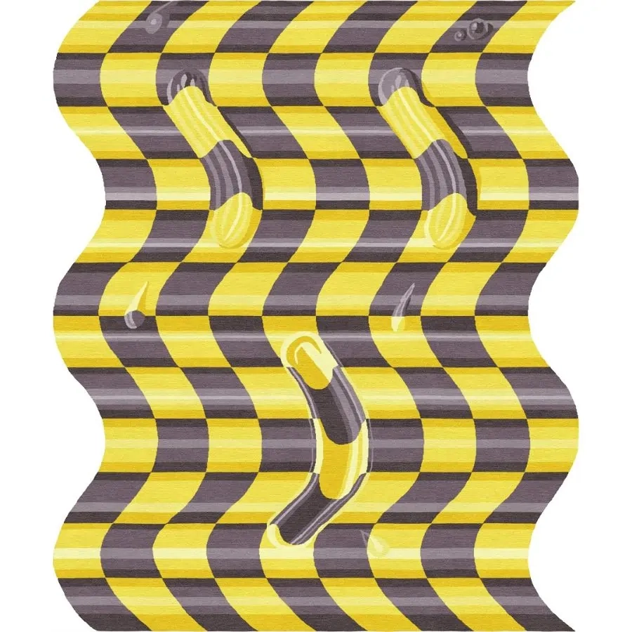 Annika Johanssons Kunstgemälde „Checked“ als handgefertigter Teppich in Braun und Gelb. Einzigartige geschwungene rechteckige Teppichform.
