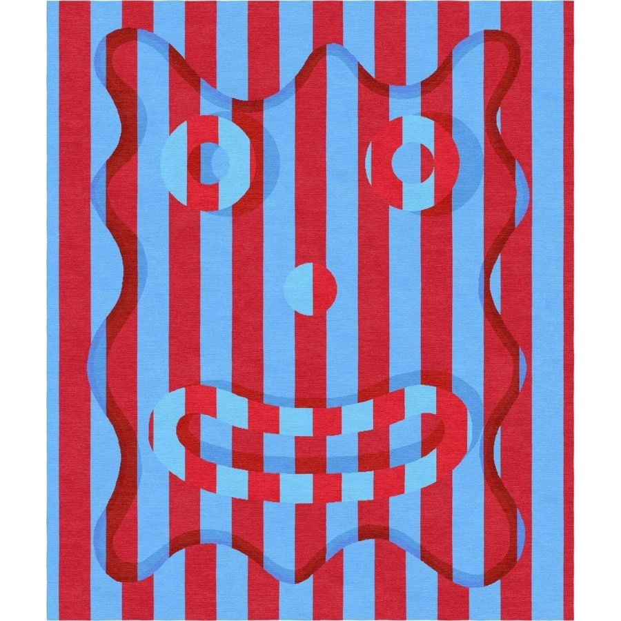 Annika Johanssons Kunstgemälde „Guy Number 9“ als handgefertigter Teppich in Blau- und Rottönen. Sehr verspielter 3D-Effekt
