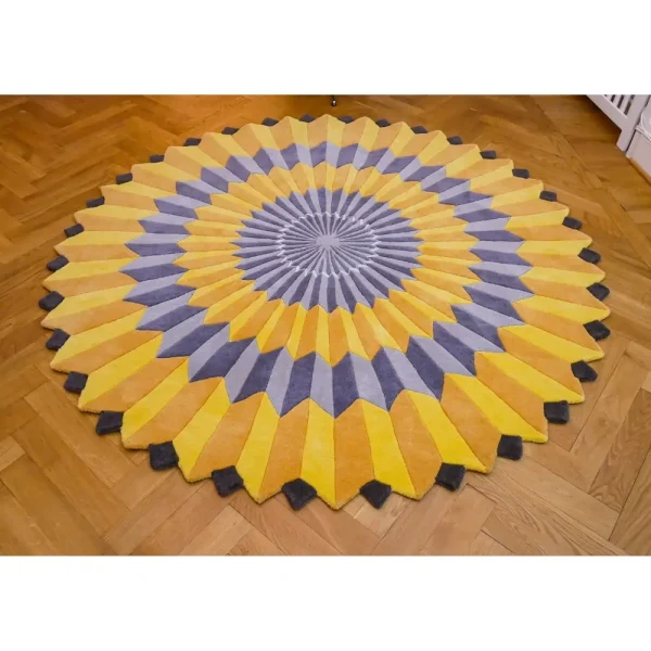 Annika Johansson's art painting "Rosette NY" as handmade rug in yellow and grey. Unique shape round rug.