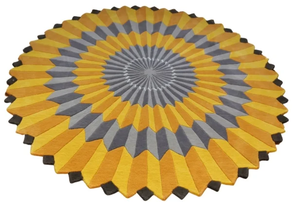 Annika Johansson's art painting "Rosette NY" as handmade rug in yellow and grey. Unique shape round rug.