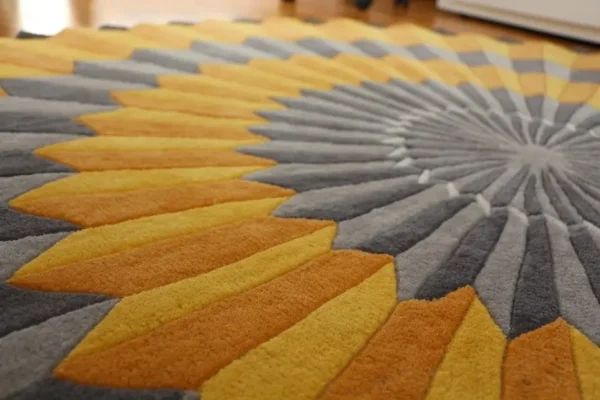 Close up to Annika Johansson's art painting "Rosette NY" as handmade rug in yellow and grey. Unique shape round rug.