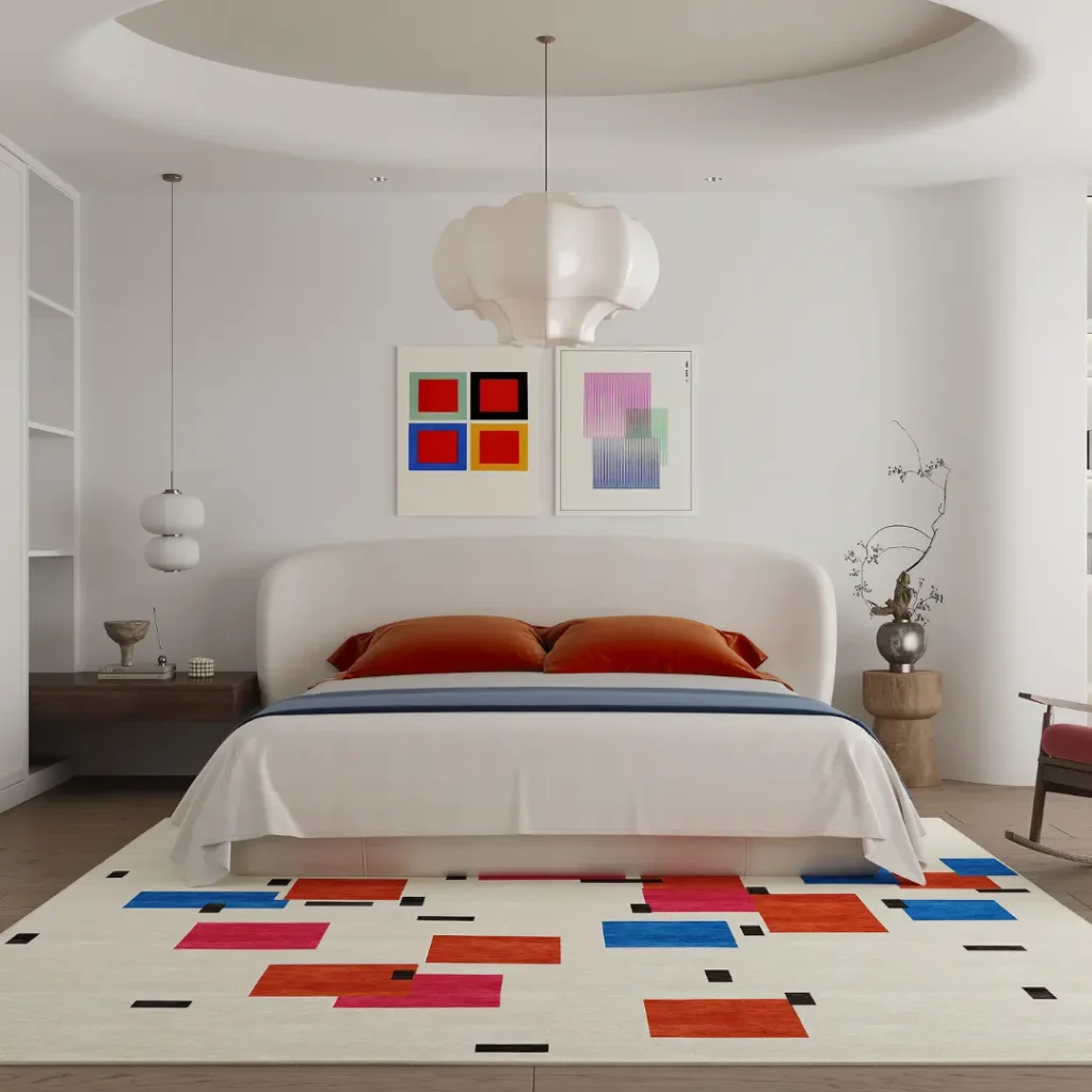 Tappeto personalizzato realizzato a mano ispirato al dipinto “Composizione in colore A” di Piet Mondrian. I colori principali sono bianco crema, arancione, rosa e blu.