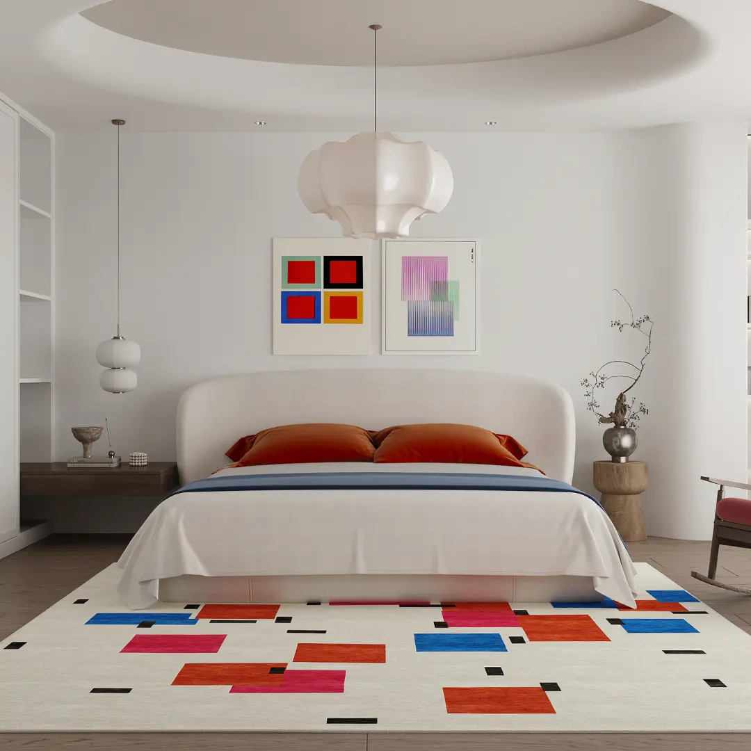 Piet Mondrians Gemälde „Komposition in Farbe A“ als handgefertigter Teppich von Rug Your Life. Die Hauptfarben sind Cremeweiß, Orange, Rosa und Blau.