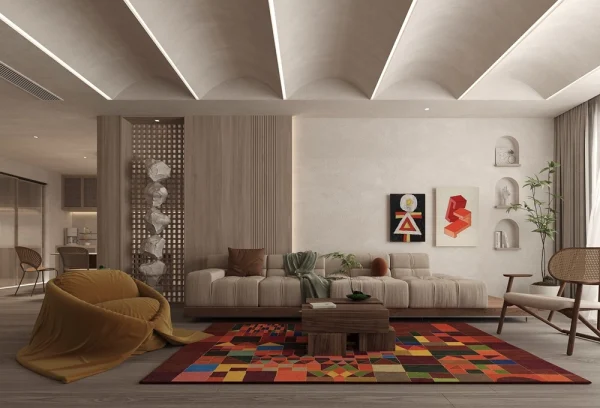 Il dipinto di Paul Klee “Castello e sole” trasformato in un tappeto fatto a mano da Rug Your Life. I colori del tappeto sono rosso bruciato, arancione e giallo. Nel soggiorno.