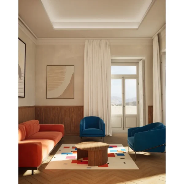 Handgeknüpfter Sonderteppich nach Piet Mondrian "Komposition in Farbe A". Die Basis des Teppichs ist cremefarben und die abstrakten geometrischen Elemente sind in blau, orange, rosa und schwarz gehalten