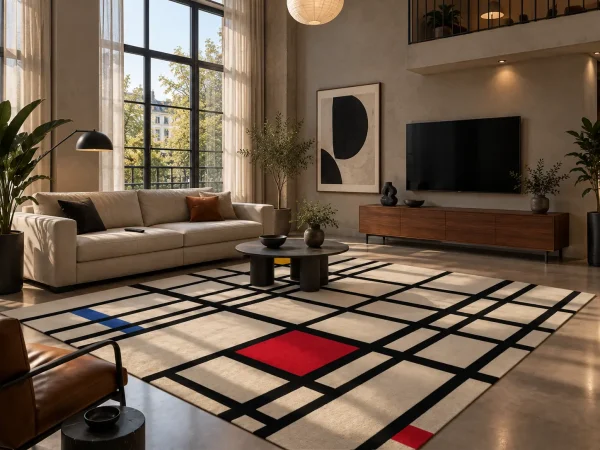 Skräddarsydd matta efter Komposition med rött, gult och blått av Piet Mondrian, handknuten i ull av Rug Your Life, i vardagsrum