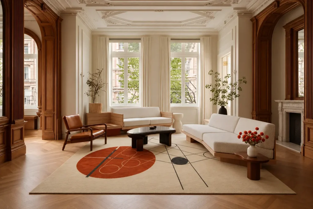 Maßgefertigter Teppich nach László Moholy-Nagy, Ohne Titel (Roter Kreis und Linien), Wohnzimmer in Brooklyn