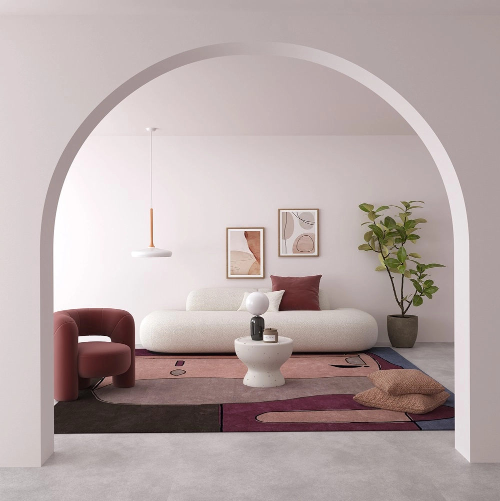 Handgjord måttbeställd matta från Rug Your Life, inspirerad av Paul Klees målning ”Trädgårdsfigur”. Mattan är rosa och ljusbrun.