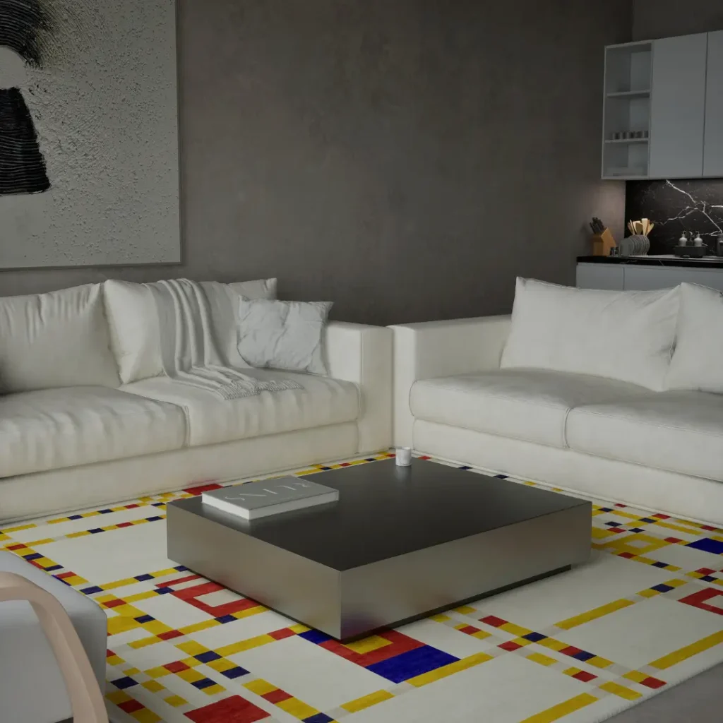 Tapis artisanal personnalisé inspiré du tableau « Broadway Boogie Woogie » de Piet Mondrian. Les couleurs principales sont le blanc, le jaune, le rouge et le bleu. Par Rug Your Life