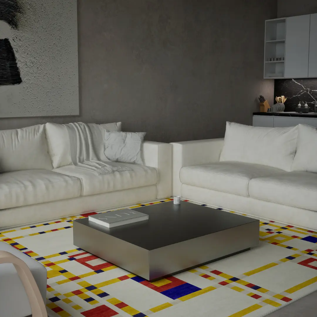 Tapis artisanal personnalisé inspiré du tableau « Broadway Boogie Woogie » de Piet Mondrian. Les couleurs principales sont le blanc, le jaune, le rouge et le bleu. Par Rug Your Life