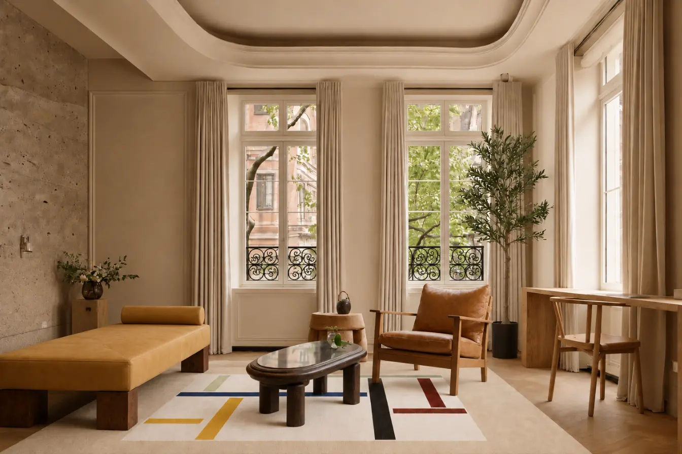 Handknotted custom rug after Study for Composition XXV by Theo van Doesburg in lounge, Brooklyn, New York