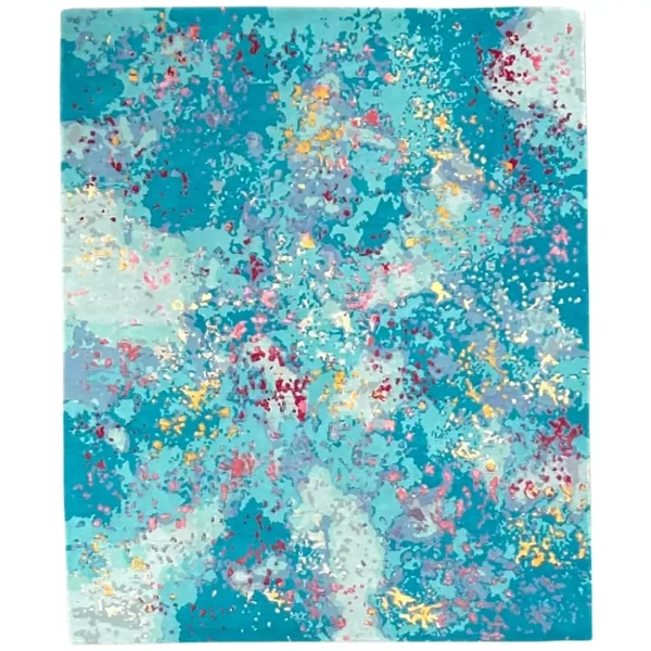 Tapis noué à la main d'après l'œuvre de Sabine Oeckings « Joie et vie 11 », dans de magnifiques nuances de bleu ciel, en laine et tencel.