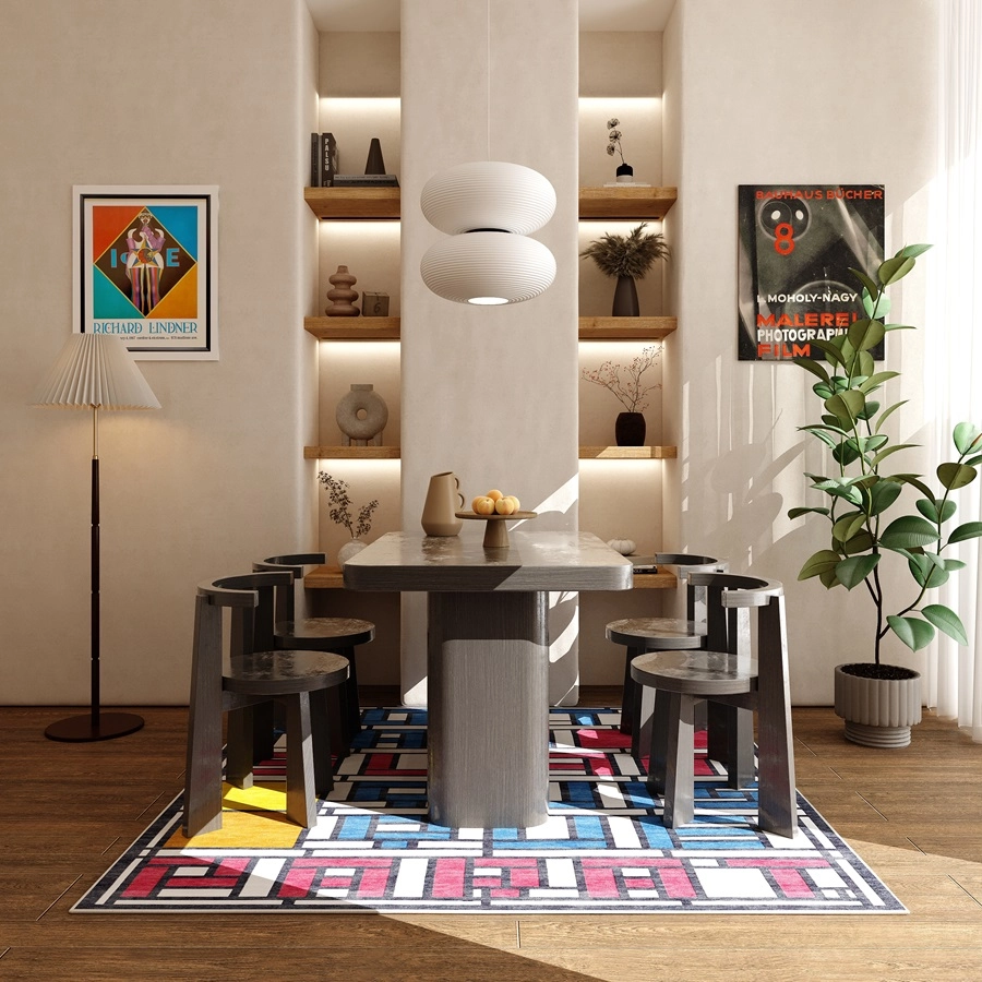 Maßgefertigter handgefertigter Teppich, inspiriert vom Gemälde „Vitrail (Fortunam suam quisque parat)” von Theo van Doesburg. Die Farben sind Weiß, Rot, Blau, Gelb und Schwarz. Im Esszimmer.