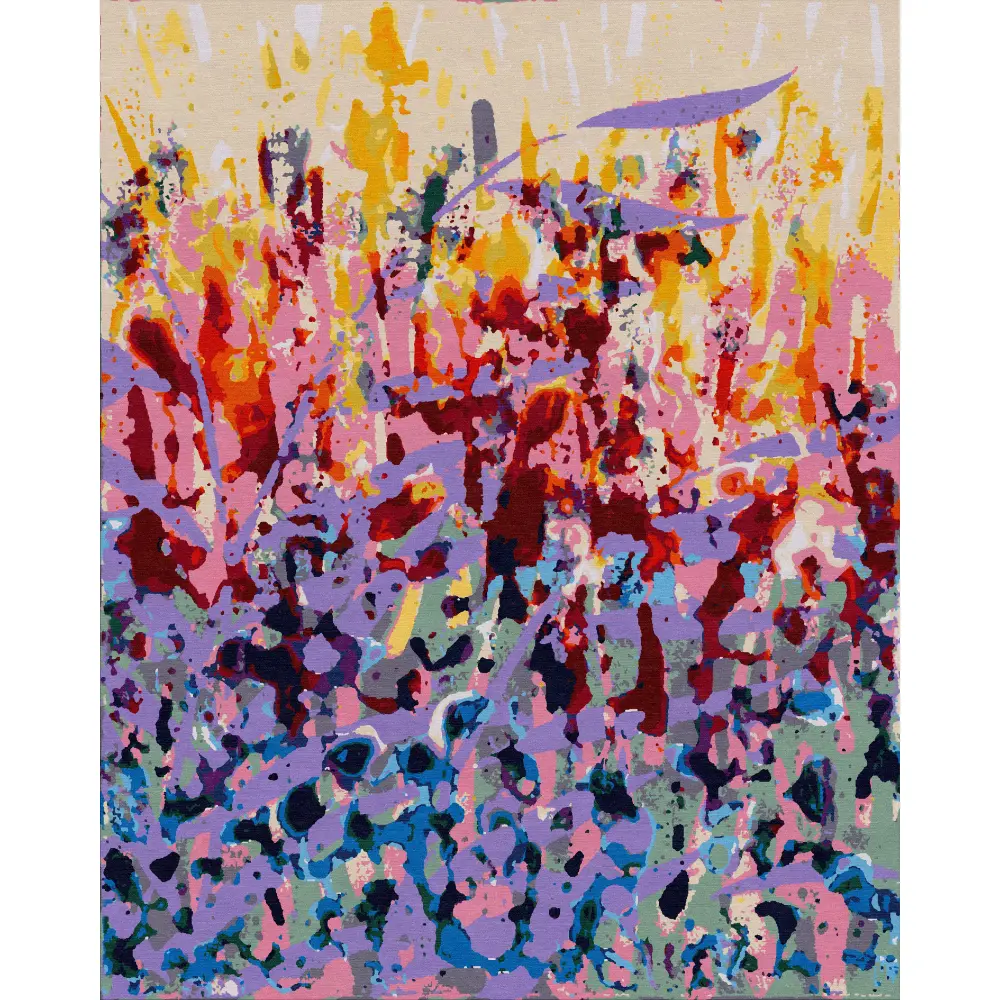 Handmade rug after Bamboo III by Sabine Oecking – colorful abstract rug with vibrant brushstroke pattern.