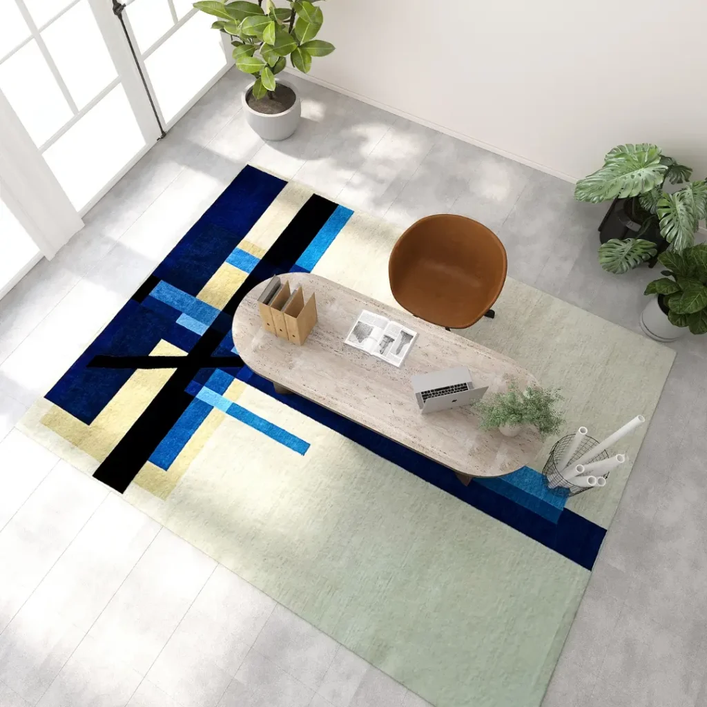 László Moholy-Nagy Gemälde „Komposition C XII“ als handgefertigter Teppich von Rug Your Life. Die Farben des Teppichs sind Creme/Hellbraun und verschiedene Blautöne.