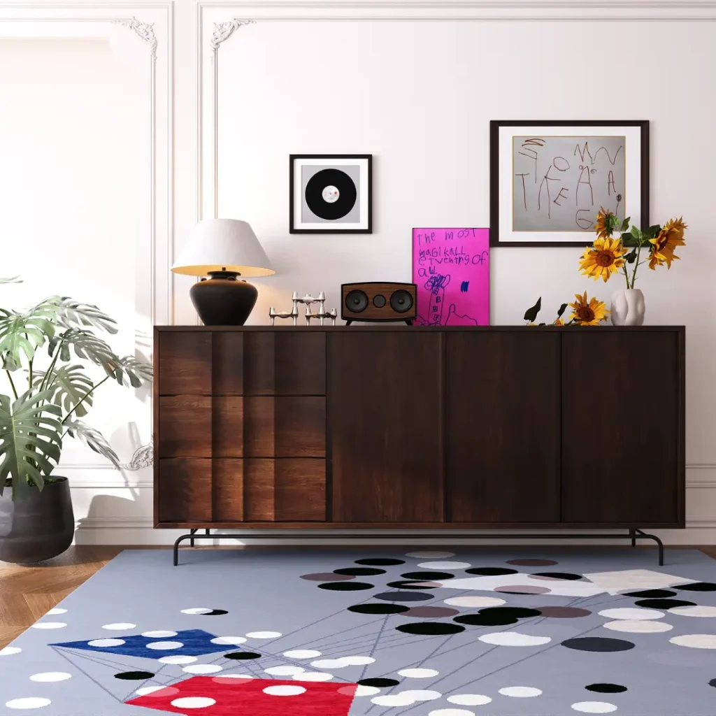 László Moholy-Nagy Gemälde „“Konstruktion AL6“ als handgefertigter Teppich von Rug Your Life. Die Farben des Teppichs sind Grau, Weiß, Schwarz, Blau und Rot.