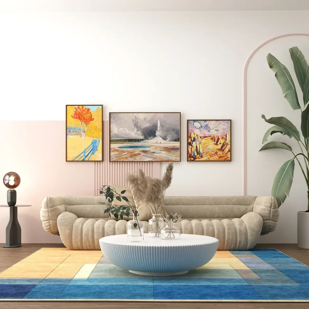 Handgjord matta från Rug Your Life, inspirerad av Paul Klees målning ”Haus am Wasser” (Hus vid vattnet). Mattan är i olika nyanser av blått och ljusbrunt.