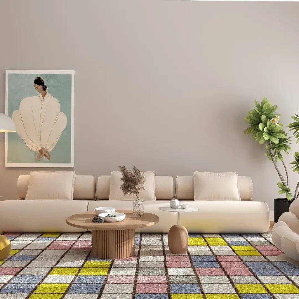 Peinture de Piet Mondrian « Composition avec grille IX (Composition en damier avec des couleurs claires) » sous forme de tapis artisanal personnalisé par Rug Your Life. Les couleurs principales sont le blanc crème, le rose clair, le bleu clair, le jaune et le gris.
