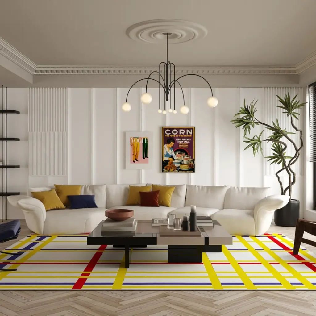 Tapis artisanal personnalisé inspiré du tableau « New York City I » de Piet Mondrian. Les couleurs principales sont le blanc, le jaune, le rouge et le bleu. Par Rug Your Life