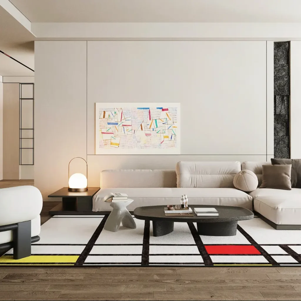 Tappeto su misura realizzato a mano ispirato al dipinto “Trafalgar Square” di Piet Mondrian. I colori principali sono bianco, nero, giallo e rosso.