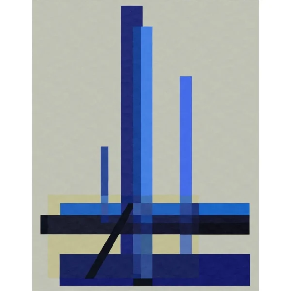 Tapis sur mesure d'après « Composition C XII », de László Moholy-Nagy. Les couleurs du tapis sont le crème / marron clair et différentes nuances de bleu. Fait main par Rug Your Life