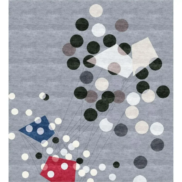 Peinture « Construction AL6 » de László Moholy-Nagy, reproduite sous forme de tapis artisanal sur mesure par Rug Your Life. Les couleurs du tapis sont le gris, le blanc, le noir, le bleu et le rouge.