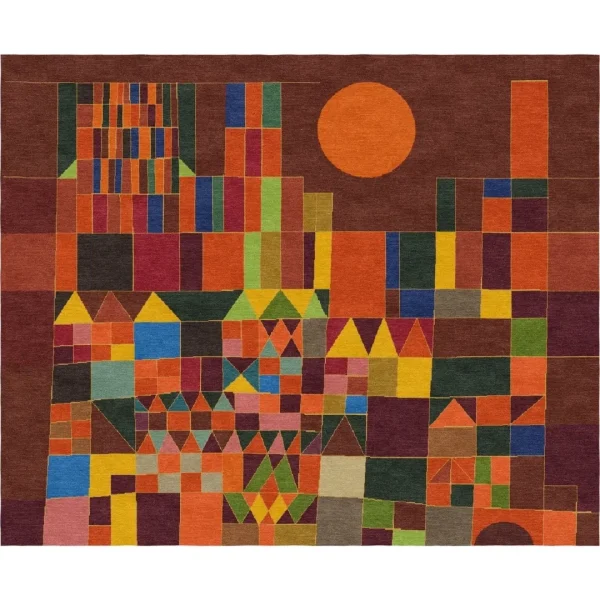 Il dipinto di Paul Klee “Castello e sole” trasformato in un tappeto fatto a mano da Rug Your Life. I colori del tappeto sono rosso bruciato, arancione e giallo.