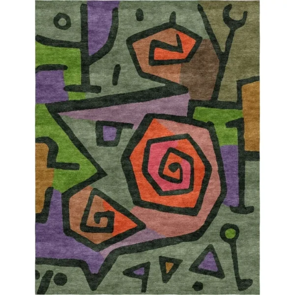 Tappeto realizzato a mano su misura da Rug Your Life, ispirato al dipinto “Rose eroiche” di Paul Klee. I colori del tappeto sono profonde tonalità di verde, rosso e viola, con contorni neri.