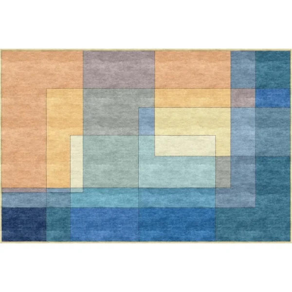 Alfombra hecha a mano por Rug Your Life basada en el cuadro «Haus am Wasser» (Casa junto al agua) de Paul Klee. La alfombra presenta diferentes tonos de azul y marrón claro.