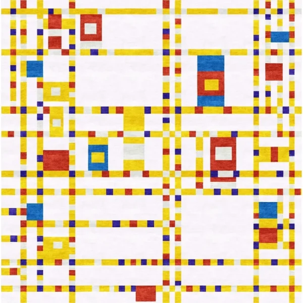 Tapis artisanal personnalisé inspiré du tableau « Broadway Boogie Woogie » de Piet Mondrian. Les couleurs principales sont le blanc, le jaune, le rouge et le bleu. Par Rug Your Life