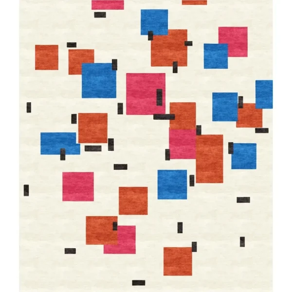 Piet Mondrians Gemälde „Komposition in Farbe A“ als handgefertigter Teppich von Rug Your Life. Die Hauptfarben sind Cremeweiß, Orange, Rosa und Blau.
