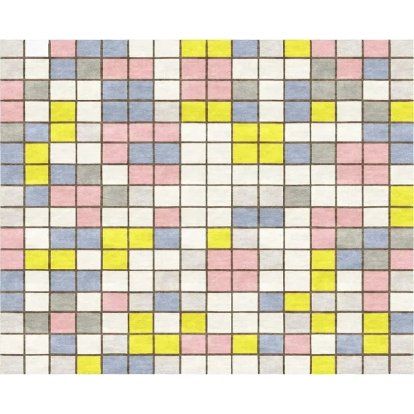 Piet Mondrian painting "Composition with Grid IX (Checkerboard Composition with Light Colors)" as handmade custom rug by Rug Your Life. Main colours are cream white, light pink, light blue, yellow and gray.