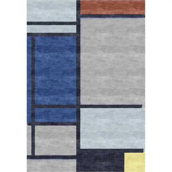 Alfombra inspirada en Piet Mondrian «Composición con rojo, azul, negro, amarillo y gris», hecha a mano por encargo.