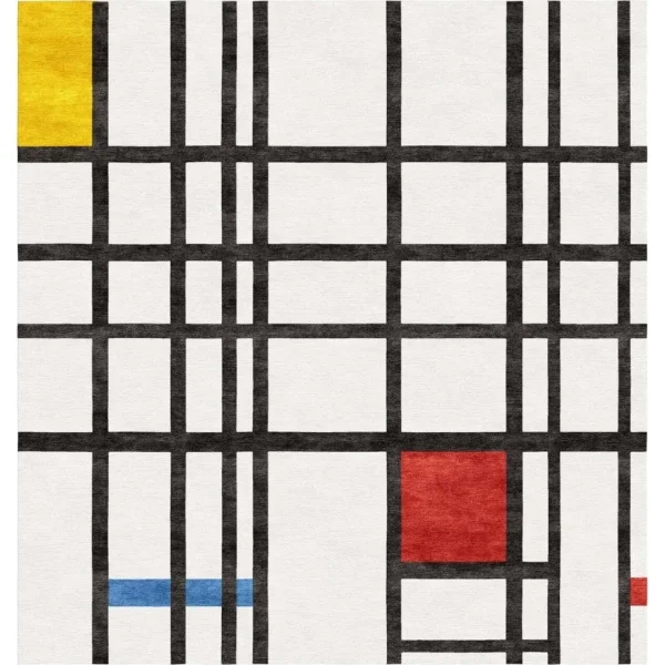 Handgjord matta baserad på målningen ”Komposition med rött, gult och blått” av konstnären Piet Mondrian.