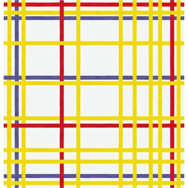 Piet Mondrian painting "New York City I" as handmade custom rug by Rug Your Life. Main colours are white, yellow, red, and blue