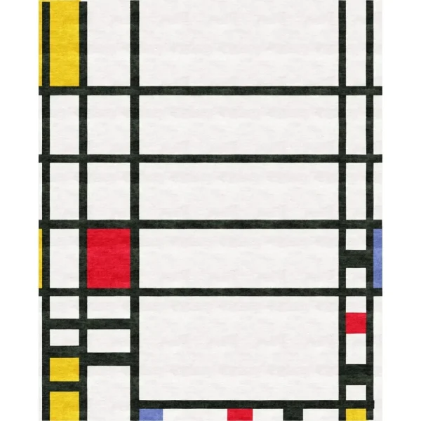Piet Mondrians Gemälde „Trafalgar Square“ als handgefertigter Teppich von Rug Your Life. Die Hauptfarben sind Weiß, Schwarz, Gelb und Rot.