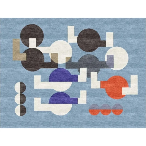 Sophie Taeuber-Arps Gemälde „Komposition von Kreisen und überlappenden Winkeln” als handgefertigter Teppich von Rug Your Life. Die Farben sind Graublau, Rot und Weiß.