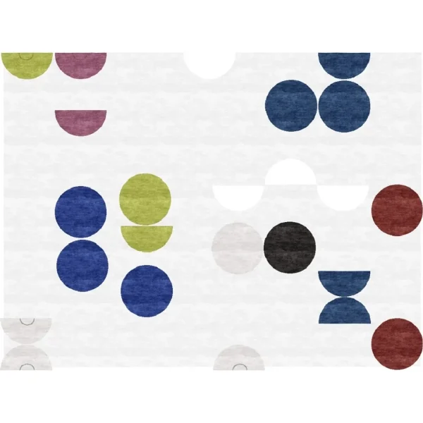 Tapis fait main sur mesure inspiré du tableau « Relief rectangulaire » de Sophie Taeuber-Arp. Les couleurs principales du tapis sont le blanc, le bleu et le vert. Tapis de forme rectangulaire unique avec découpes. Tapis en édition limitée numérotée, par Rug Your Life.