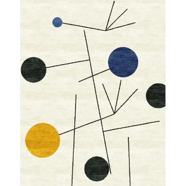 Tapis artisanal sur mesure inspiré du tableau « Équilibre » de Sophie Taeuber-Arp. Les couleurs principales du tapis sont le blanc, le jaune, le bleu et le noir. Tapis en édition limitée numérotée, par Rug Your Life.