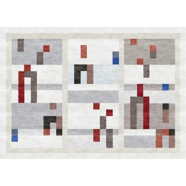 Tapis artisanal sur mesure inspiré du tableau « Composition verticale et horizontale » de Sophie Taeuber-Arp. Les couleurs principales du tapis sont le crème, le gris, le marron clair et le rouge foncé. Tapis en édition limitée numérotée, par Rug Your Life.