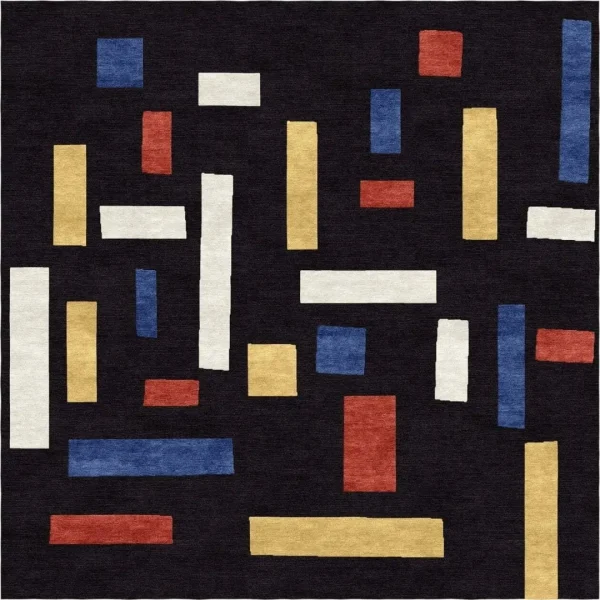Peinture de Theo van Doesburg « Composition VII (Les Trois Grâces) » reproduite sous forme de tapis fait main par Rug Your Life. Les couleurs sont le noir, le rouge, le jaune, le bleu et le blanc.
