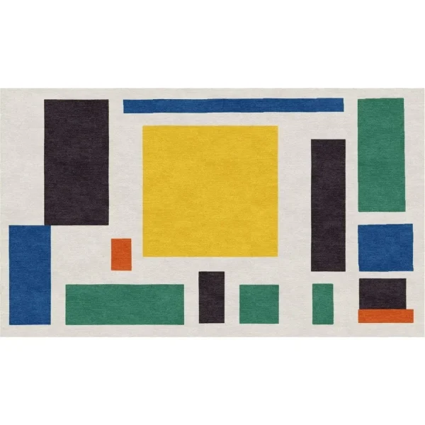 Peinture de Theo van Doesburg « Composition VIII (La vache) » reproduite sous forme de tapis artisanal sur mesure par Rug Your Life. Les couleurs sont blanc crème, vert, jaune, bleu et noir.