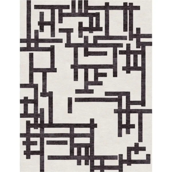 Alfombra hecha a mano a medida inspirada en el cuadro «Composición XIII (Mujer en el estudio)» de Theo van Doesburg. Colores: blanco y negro.