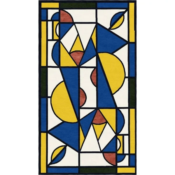 Tapis fait main sur mesure inspiré du tableau « Danse I (Vitrail) » de Theo van Doesburg. Couleurs : blanc, bleu, jaune, rouge et noir.
