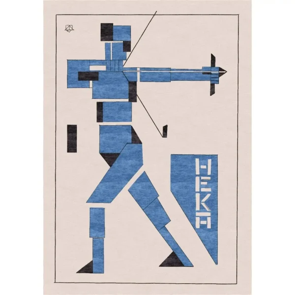 Handgjord specialtillverkad matta efter målningen ”Bågskytten (Heka-affisch)” av Theo van Doesburg. Färgerna är vitt och blått.